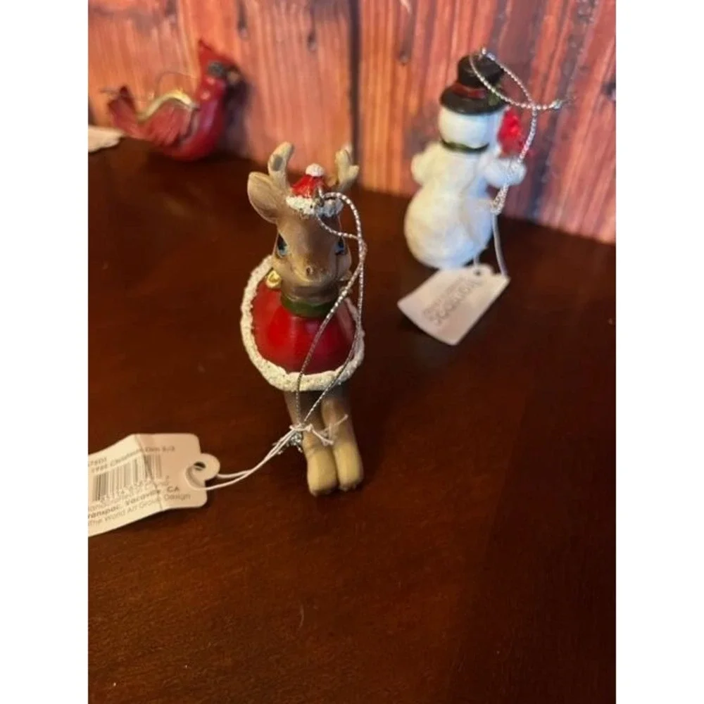 Set Of 3 Transpac Holiday Ornaments:‎ Reindeer Snowman & Cardinal